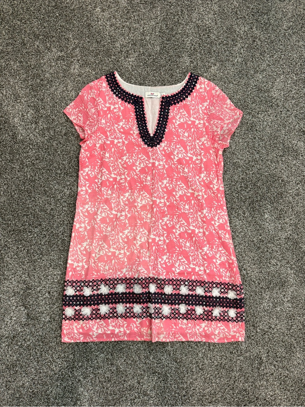 Vineyard Vines Pink Floral Midi Dress with Navy Trim